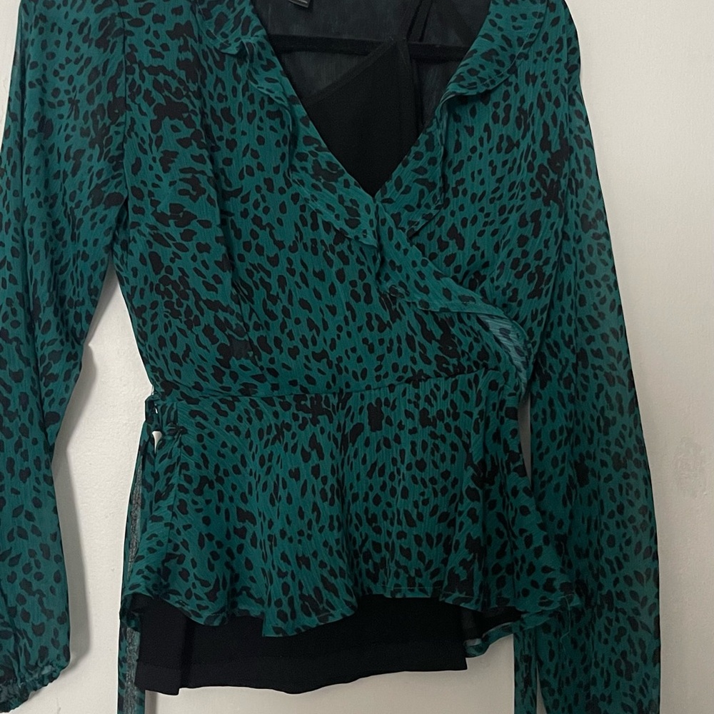 Aqua Green and Black Wrap Peplum Blouse 3/4 Sleeve